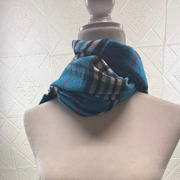 SCARF blue Flannel look teal red black white 12.5 x 65.5" with fringe extra - Picture 6 of 8